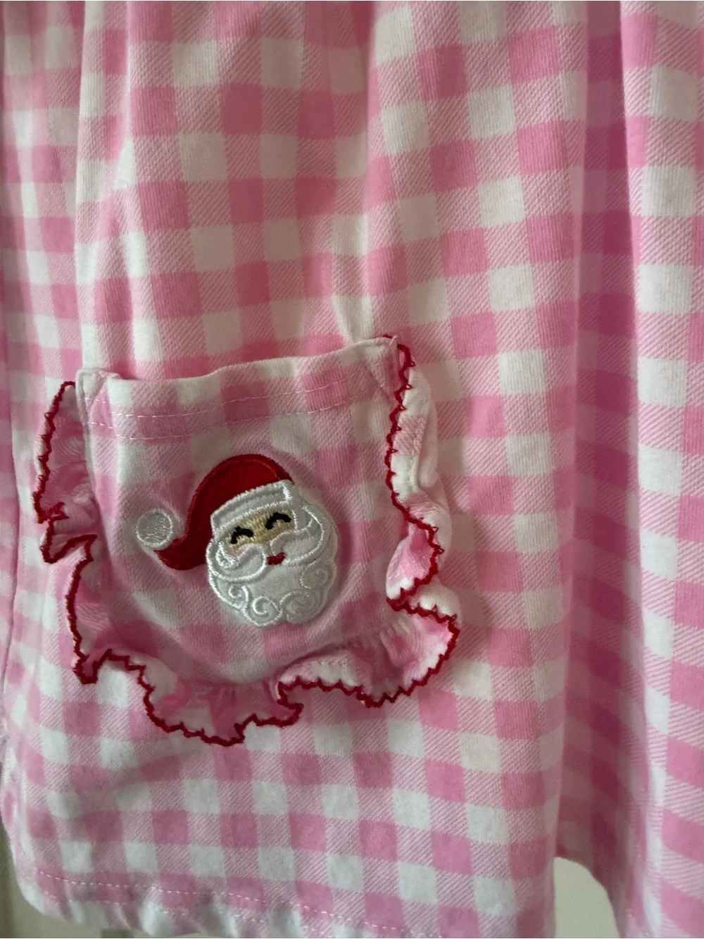 Classic Pink Gingham Nightgown with Santa Pocket Appliqués